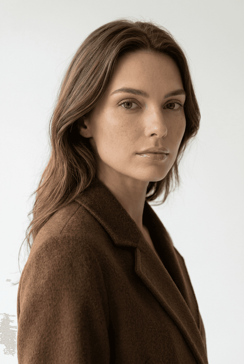 Generate a highly photorealistic studio portrait using the provided reference image of the model as the identity source. The generated subject must strictly preserve the exact facial identity, bone structure, skin tone, and natural proportions of the reference model without any alteration.

Scene and location:
Minimalistic studio setting with a clean white background.
Soft neutral studio lighting.
No background objects or textures.
Professional beauty portrait atmosphere.

Pose and camera angle:
The model is standing in a three-quarter profile pose.
Her body is slightly turned to the side.
Her head is turned gently toward the camera.
Posture elegant, calm, and confident.
Camera at eye level.
Medium close-up framing focusing on face, neck, and shoulders.
Pose and angle must match the reference image exactly.

Clothing:
Same as reference image.

Hair:
Same as reference image.

Face and makeup:
Ultra realistic facial rendering.
Soft visible natural pores on the face.
Natural skin texture without smoothing.
Subtle contour and natural makeup.
Transparent lip gloss on the lips with realistic shine.
Defined eyebrows.
Natural eyelashes.
No exaggerated makeup.

Skin realism:
Visible soft pores on the face.
Natural skin texture on the neck.
Subtle natural imperfections.
No plastic or AI-smoothed effect.
Realistic light interaction with skin.

Lighting and photography style:
Soft diffused studio lighting.
Balanced exposure.
Natural highlights and shadows.
Beauty editorial photography style.

Camera and framing:
Vertical composition.
Medium close-up portrait.
Sharp focus on eyes.
Natural depth of field.

Rendering quality:
Ultra photorealistic.
High detail.
8k quality.
Realistic materials and textures.

Important rules:
Preserve the identity from the reference image exactly.
Do not stylize or cartoonize.
Do not change pose, clothing, or environment.
Maintain realistic human anatomy and proportions.
micro skin pores, realistic lip gloss reflections, subtle camera grain, natural skin light bounce, realistic hair micro strands