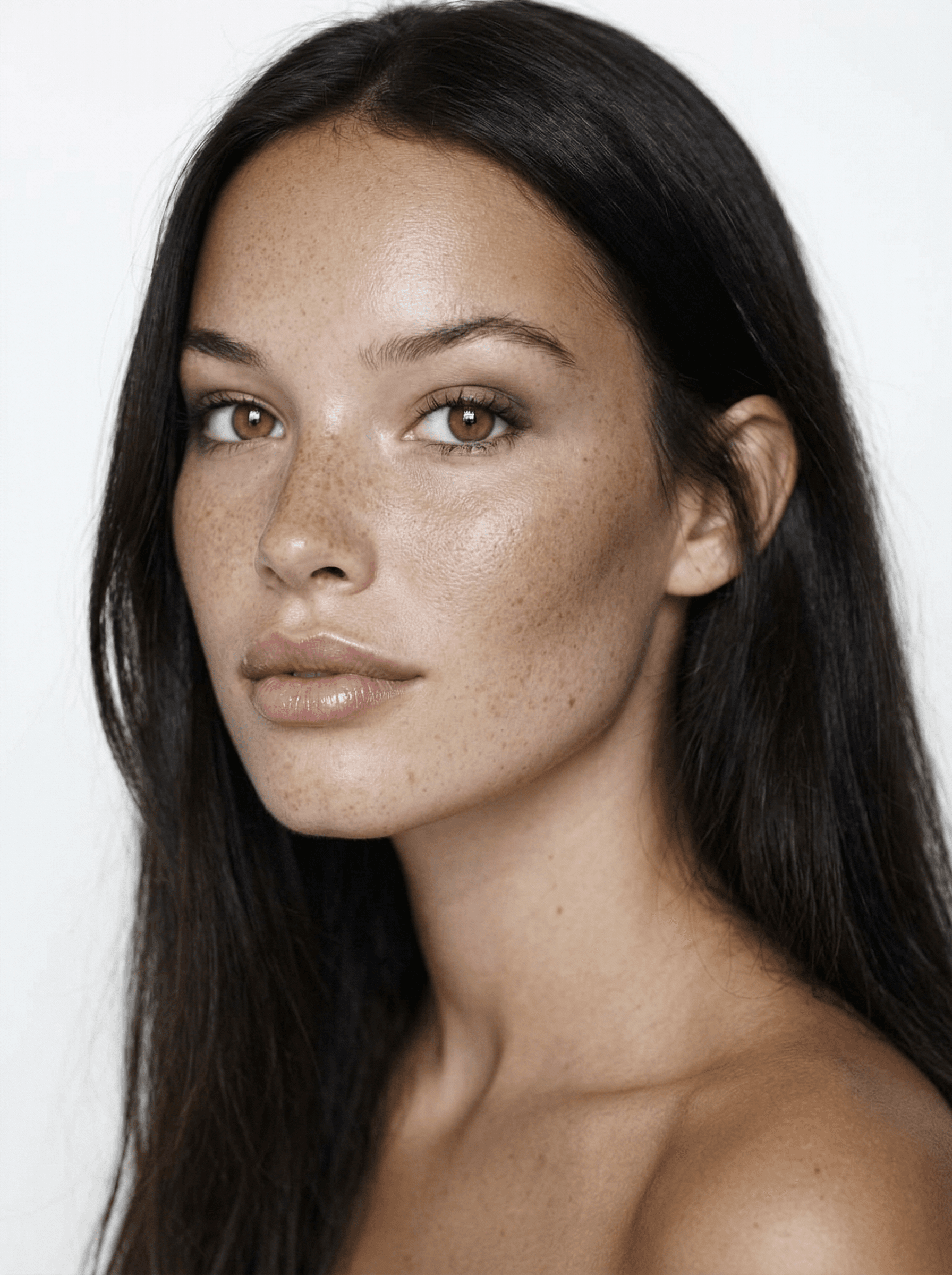 Generate a highly photorealistic studio portrait using the provided reference image of the model as the identity source. The generated subject must strictly preserve the exact facial identity, bone structure, skin tone, and natural proportions of the reference model without any alteration.

Scene and location:
Minimalistic studio setting with a clean white background.
Soft neutral studio lighting.
No background objects or textures.
Professional beauty portrait atmosphere.

Pose and camera angle:
The model is standing in a three-quarter profile pose.
Her body is slightly turned to the side.
Her head is turned gently toward the camera.
Posture elegant, calm, and confident.
Camera at eye level.
Medium close-up framing focusing on face, neck, and shoulders.
Pose and angle must match the reference image exactly.

Clothing:
Same as reference image.

Hair:
Same as reference image.

Face and makeup:
Ultra realistic facial rendering.
Soft visible natural pores on the face.
Natural skin texture without smoothing.
Subtle contour and natural makeup.
Transparent lip gloss on the lips with realistic shine.
Defined eyebrows.
Natural eyelashes.
No exaggerated makeup.

Skin realism:
Visible soft pores on the face.
Natural skin texture on the neck.
Subtle natural imperfections.
No plastic or AI-smoothed effect.
Realistic light interaction with skin.

Lighting and photography style:
Soft diffused studio lighting.
Balanced exposure.
Natural highlights and shadows.
Beauty editorial photography style.

Camera and framing:
Vertical composition.
Medium close-up portrait.
Sharp focus on eyes.
Natural depth of field.

Rendering quality:
Ultra photorealistic.
High detail.
8k quality.
Realistic materials and textures.

Important rules:
Preserve the identity from the reference image exactly.
Do not stylize or cartoonize.
Do not change pose, clothing, or environment.
Maintain realistic human anatomy and proportions.
micro skin pores, realistic lip gloss reflections, subtle camera grain, natural skin light bounce, realistic hair micro strands