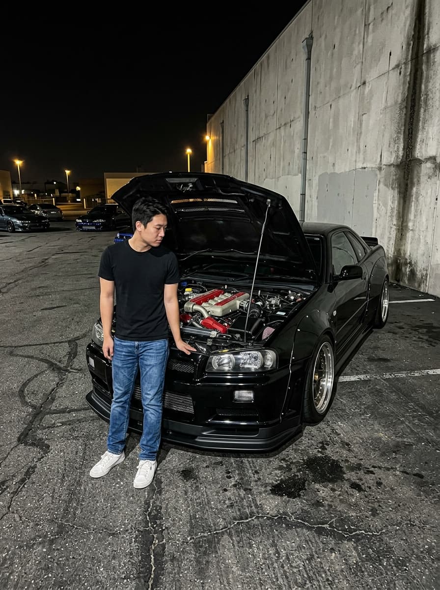 Create an ultra-photorealistic nighttime car meet scene shot with strong direct smartphone flash in an industrial asphalt parking lot at night. The environment is a wide open parking area with visible oil stains, fine cracks in the asphalt, and subtle tire marks. On the right side there is a tall raw concrete industrial wall with vertical panel seams and darker moisture marks near the base. Dim yellow industrial streetlights illuminate the far background. Several modified cars are parked in the distance, softly visible in darkness.

Vehicle: a full black Nissan GTR Skyline. The paint is deep gloss black with realistic micro reflections. The widebody includes riveted overfenders with evenly spaced exposed silver rivets, aggressive extended front bumper with sharp intakes, matte black front splitter, extended side skirts, and a large GT-style rear wing mounted on tall brackets. The car sits extremely low with realistic suspension geometry.

Wheels: SSR Professor 3-piece wheels. Polished step lips with mirror-like reflections under flash, exposed gold hardware bolts evenly spaced around the rim, dark brushed gunmetal centers, deep concave rear fitment. Performance tires with visible sidewall texture and subtle stretch fitment. Valve stems visible.

Hood: fully open at maximum angle, hinges visible, exposing a Ferrari V12 engine swap. The engine features long red Ferrari cam covers with embossed Ferrari lettering, symmetrical intake plenums, polished aluminum intake piping, braided steel lines, heat-wrapped headers deep in the bay, carbon fiber radiator shroud, detailed wiring harnesses with realistic depth and shadow.

Subject: adult East Asian man, 22–26 years old. Natural skin texture visible under flash, light natural makeup, neutral indifferent facial expression. Body proportions realistic and natural.

Outfit: fitted black t-shirt, straight-leg blue jeans, white sneakers.

Pose: standing in front of the fully open engine bay, slightly angled toward the car, both hands resting naturally on the front frame of the engine bay. Shoulders relaxed, expression indifferent, not smiling.

Lighting: harsh direct smartphone flash from frontal camera. High contrast, deep shadows behind subject and car. Slight digital grain. Authentic iPhone night flash aesthetic. No cinematic grading.

Ultra photorealistic. No CGI look.