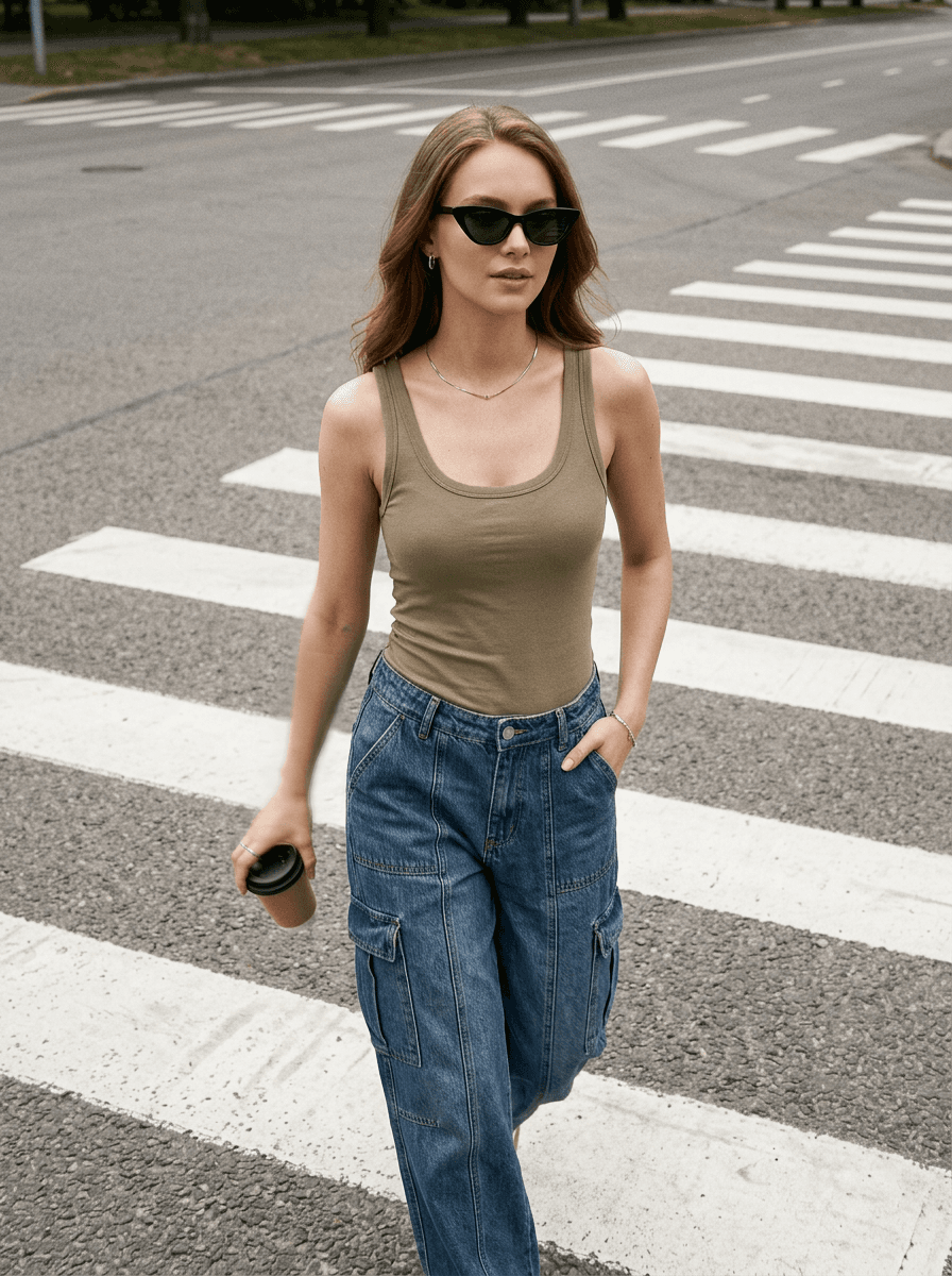 The same woman of the reference, with identical face and identical features face, walks naturally across a wide pedestrian crosswalk wearing baggy denim cargo pants with visible seams and a khaki tank top neatly tucked in. She wears black cat-eye sunglasses and minimal silver jewelry, appearing relaxed and casual with one hand in her pocket and the other holding a takeaway coffee cup. The setting is a road and pedestrian crosswalk with clear white zebra crossing lines on textured asphalt; no urban or city elements are visible. The lighting is neutral, natural daylight with soft overcast shadows and realistic exposure, as seen in genuine street surveillance footage. Textural details include visible skin pores, textured denim fabric with pronounced seams, subtle wrinkles on the khaki tank top, slight scuff marks on her shoes, and the gritty, slightly uneven asphalt beneath her feet. The wide, high-angle framing is candid and slightly impersonal, capturing minor motion blur on one arm and partial cropping of her legs for authenticity. The image features muted, natural colors and documentary-style realism without enhancements. candid street camera photo, high-angle traffic camera shot, documentary-style realism - high-angle shot, wide shot, hyper-real texture fidelity