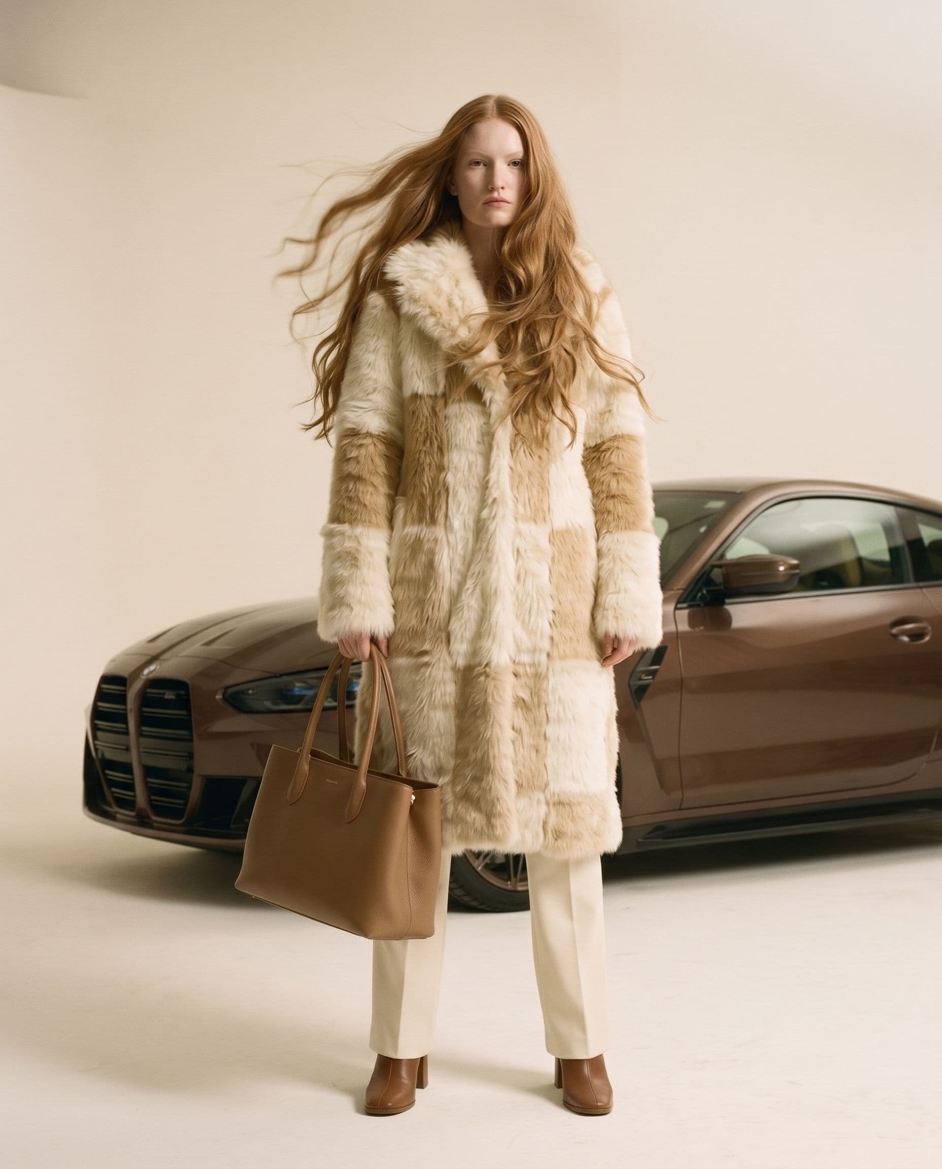 Editorial fashion photograph, keep the provided model and outfit exactly unchanged, long voluminous hair falling across face and shoulders, bare minimal makeup, serious expression, no smile, captured standing still in powerful pose, subtle motion blur on hair from wind, brown BMW M4 2025 positioned in the background as a static element, slightly defocused, warm off-white seamless studio background, soft even front lighting, muted warm desaturated palette restricted to cream ivory tan and brown tones only, slight analog film grain, matte finish, documentary fashion photography aesthetic, shot on expired Kodak Portra 400, three-quarter body composition, 4:5 aspect ratio