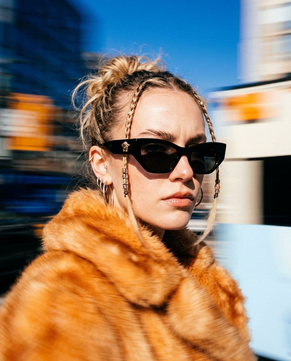 A dynamic, extreme close-up smartphone portrait shot from slightly below captures a 20-year-old Caucasian woman with fair skin,
standing outdoors beneath a clear blue sky as the camera executes an extreme whip-pan. Her hair is styled in a messy blonde bun
threaded with narrow braids adorned with small beads, and she wears Versace VE4391 black cat-eye sunglasses, accented by gold
Medusa studs at each temple, with sharp angular frames cutting across her face. Layered in an opulent, plush-textured fur coat, its
amber-orange hues appear as streaks arcing from motion blur due to the slow shutter drag. Her ears are decorated with silver hoop
earrings while her lips are glossy, and her expression is resolute, with a set jaw and one barely raised eyebrow just above the frame’s
upper arc. The camera’s slow shutter speed produces dramatic horizontal motion blur surrounding her sharply focused face,
centered in the frame due to smartphone focal tracking lock. The color palette blends deep cobalt and navy blues (#0B3D91,
#2C6BD9) with bright amber and orange streaks (#FF8C42, #FFB36B), off-whites, stark black, and pale blue gradients (#6EA8FF,
#F5E9DA, #1A1A1A, #F7FBFF). The angular, sharply graded background and faint lens distortion are joined by aggressive digital
sharpening and highlight clipping from strong natural daylight. This raw, editorial street-fashion image exudes a vibrant and kinetic
mood.