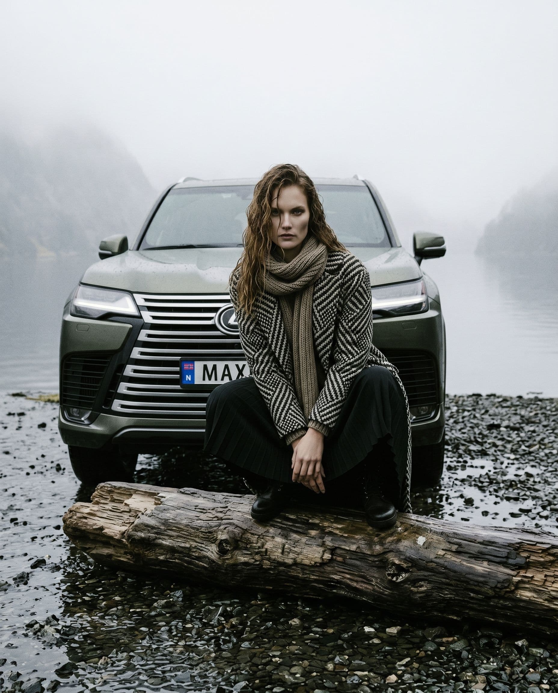 A low-angle editorial portrait of the referenced female model crouched on a weathered driftwood log. Her golden brown hair frames a striking editorial face with sharp cheekbones, defined jawline, clear skin, and strong eye contact, expression controlled and intense. Just behind the log and very close in frame, the referenced Lexus LX 600 in Nori Green Pearl is parked on the wet pebbles, clearly visible with Norway license plate with lettering "MAXIMOK". The fjord sits beyond in fog. Cold diffused light, heavy grain, matte, 4:5.