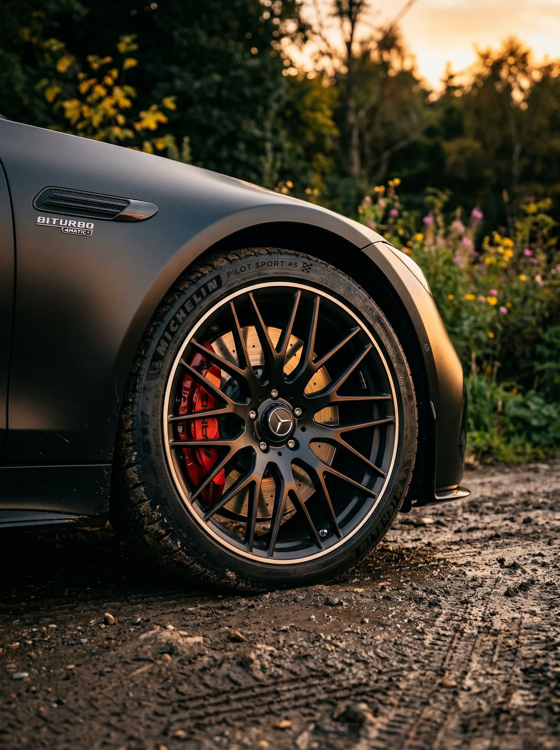 A cinematic close-up shot of the front tyre of a matte black 2025 Mercedes-AMG GT. The wheel must accurately match AMG styling — multi-spoke alloy rim, performance brake disc, and visible brake caliper with realistic details.
The car is parked on a slightly wet mud road in a countryside setting. The tyre has subtle dirt and texture, naturally interacting with the ground. Small dust particles and fine mud details are visible around the tyre.
Warm sunset lighting (yellow, orange, red tones) reflects softly on the rim edges, creating a premium cinematic glow. Background includes dark green foliage, yellow leaves, and soft pink flowers, blurred due to shallow depth of field.
Shot from a very low angle near ground level, macro-style detail, 85mm lens, ultra-realistic, 4K, HDR, cinematic color grading, slight film grain. No deformation, accurate scale, no redesign.