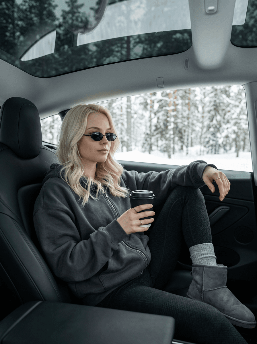 [CAMERA / ANGLE]  
Medium-full seated portrait from the passenger seat.  
Camera placed slightly above armrest level, angled toward the model.  
Cropped composition inside the car interior.

[POSE]  
Model reclining comfortably in the front passenger seat.  
Right leg bent and resting on the seat, left arm relaxed.  
Right hand holding a black takeaway coffee cup.  
Head slightly turned toward the window, calm expression.

[OUTFIT]  
Oversized dark-gray hoodie with zipper.  
Dark leggings with soft texture.  
Gray high socks layered under cozy gray winter boots.

[ACCESSORIES]  
Thin oval black sunglasses.  
Minimal rings on right hand.  
Black branded coffee cup as a key prop.

[BACKGROUND]  
Car interior: black leather seats and armrest, central console visible.  
Through the window — snowy forest with tall trees and cold atmosphere.  
Panoramic glass roof with soft daylight.

[LIGHTING]  
Soft natural daylight entering from large windows.  
Gentle shadows, even exposure, cozy winter softness.  
Matte textures — no harsh highlights.

[MOOD / AESTHETIC]  
Relaxed winter luxury vibe.  
Warm comfort inside the car vs. cold nature outside.  
Calm, effortless chic, lifestyle editorial look.

[OUTPUT]  
Ultra-realistic fabric textures (fleece, socks, leather).  
Sharp focus on face, hands, and coffee cup.  
Cinematic color grade with cool neutral tones.