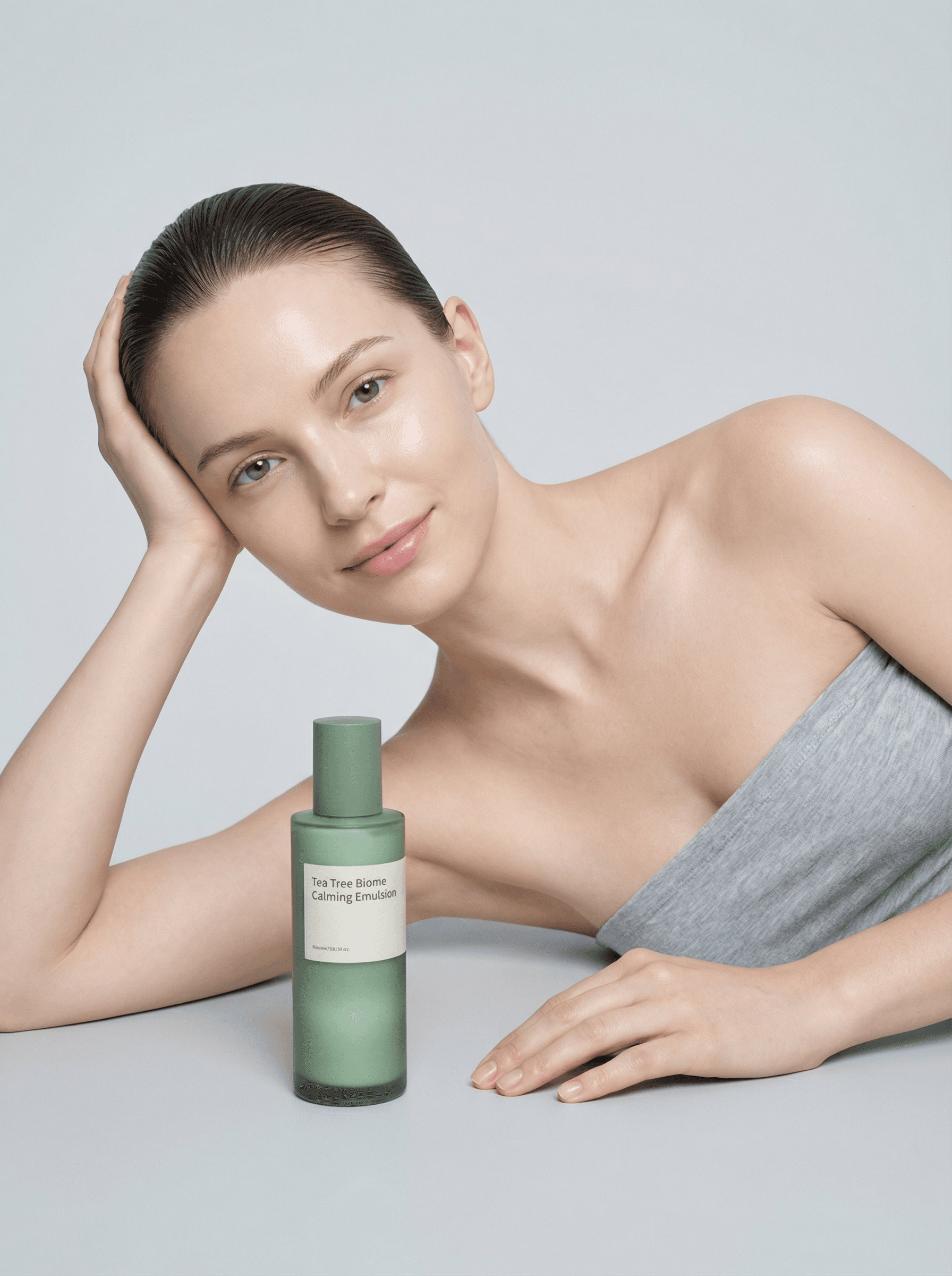 Photorealistic high-end beauty campaign for a calming skincare product.
A European female model with clean natural skin, minimal makeup, soft neutral tones. Hair slicked back into a neat low bun, no flyaways.
The model is lying on her side on a smooth light grey surface, upper body slightly elevated and supported by her arm.
Her head is gently resting on one hand, elbow bent, creating a relaxed and elegant pose.
Her other hand is placed naturally on the surface near the product, fingers relaxed and slightly curved.
In front of her, placed close to the camera in the foreground, stands the product bottle:
a matte frosted green bottle labeled “Tea Tree Biome Calming Emulsion” (exact design from reference, correct proportions, no distortion).
The model’s gaze is directed straight into the camera, calm and confident, with a soft, serene expression.
Wardrobe: strapless neutral fabric (soft grey or desaturated nude tone), minimalistic and clean.
Lighting: soft diffused studio lighting, high-end beauty lighting, subtle cool tone, smooth shadows, no harsh contrast.
Background: clean light grey seamless studio background (#e5e5e5 – #f0f0f0 range).
Color palette: cool neutral tones, muted green, light grey, natural skin tones.
Composition: minimalistic editorial skincare style, shallow depth of field, sharp focus on both face and product.
Texture emphasis: smooth natural skin, matte bottle finish, soft highlights.
Ultra-realistic, 8k, commercial beauty photography, premium skincare branding style