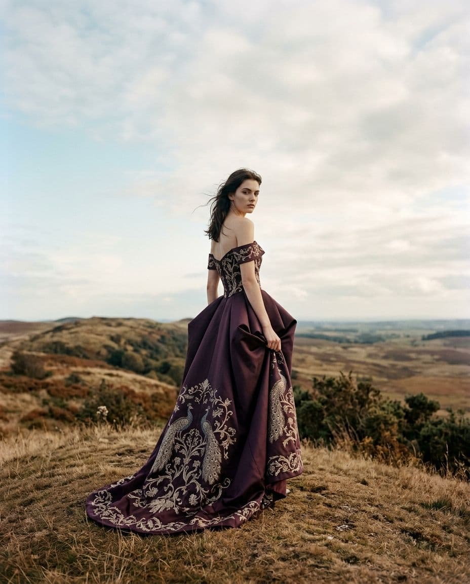 A low-angle full-body shot captures a tall, lean 20-year-old European female model standing with her back to the camera on the same grassy hill peak, surrounded by dry, uneven turf with scattered wild shrubs and an expansive landscape of rolling terrain stretching into the open distance. The background features the same cloud-filled sky, with soft gradients from pale blue to off-white, occupying the upper half of the frame. The model looks back over her right shoulder toward the lens, body angled away, wind catching her hair and pulling it forward across her cheek, one hand lifting the hem of her skirt slightly, serious quiet expression. She wears an ornate, deep plum off-shoulder sculptural gown featuring voluminous sharply structured skirts and intricate heraldic tapestry-like embroidery depicting peacocks and vine scrollwork in gold and silver threads, the train spilling across dry turf behind her. The muted, earthy palette emphasizes rust, brown, tan, and moss, with the model's plum gown creating a rich contrast against the pale sky. Late afternoon light and overcast sky bathe the scene in diffuse, soft daylight, creating smooth shadow gradations and a balanced mood. Shot with a 35mm lens and cinematic editorial styling, the image features a shallow depth of field that renders the model sharply in focus with the background becoming soft, cinematic bokeh. Filmic texture and a subtle haze add a layer of restraint and nostalgia, visible as gentle halation and grain across the image, establishing a high-end, moody, and editorial campaign atmosphere --ar 4:5