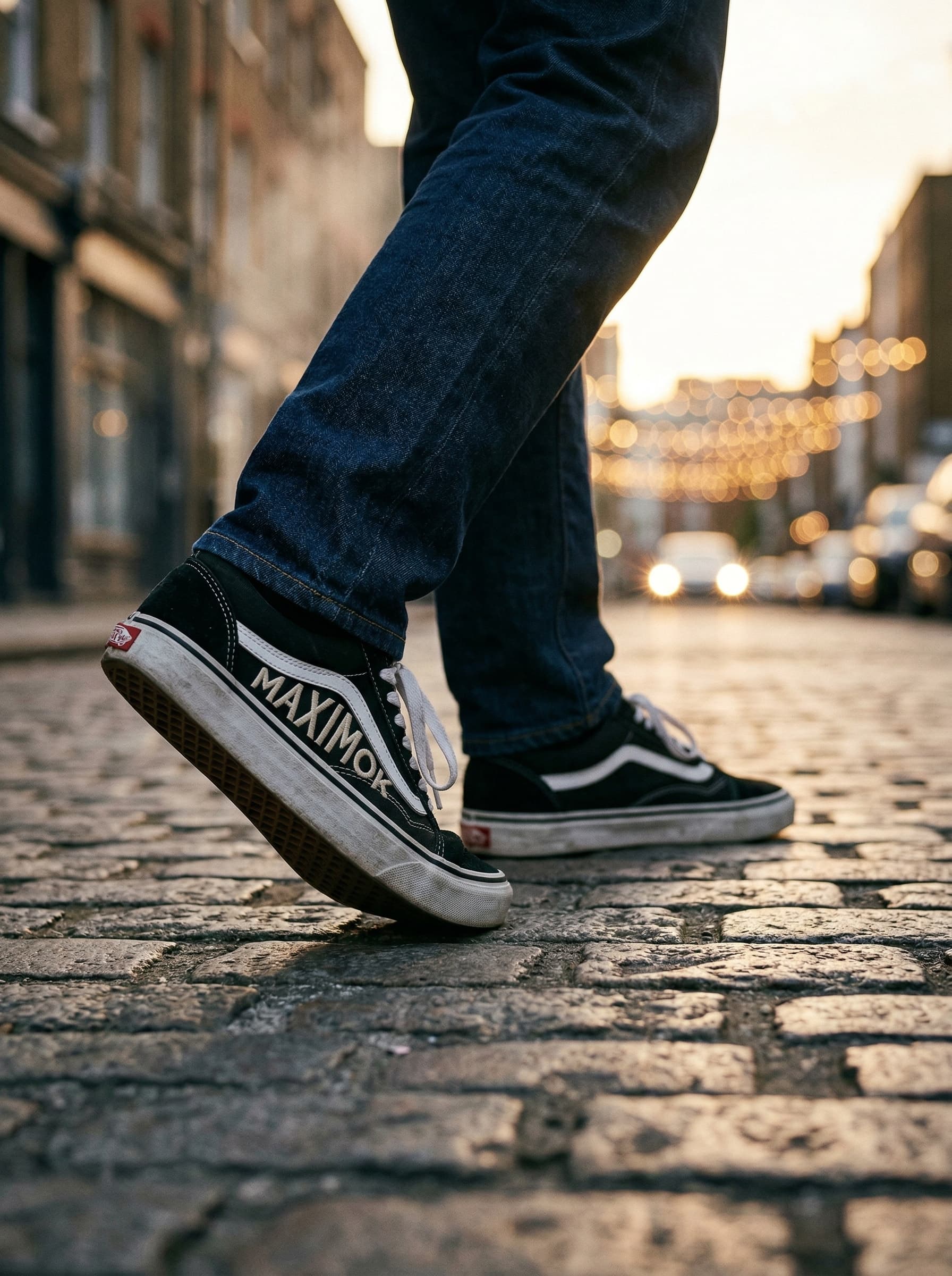 A low-angle macro shot of a man in the exact shoes in the image walking along textured cobblestones on a street at dusk. Cinematic street photography: the soft golden hour light beautifully highlights the grainy texture of shoes.
The style is reminiscent of a high-end fashion editorial. The background is a blurred urban backdrop with sparkling city lights and a bokeh effect. The texture of the denim is visible - classic jeans that pair naturally with the shoes.
Hyperrealism, 8K resolution, masterwork level, Unreal Engine 5 render style, volumetric lighting, ray tracing.