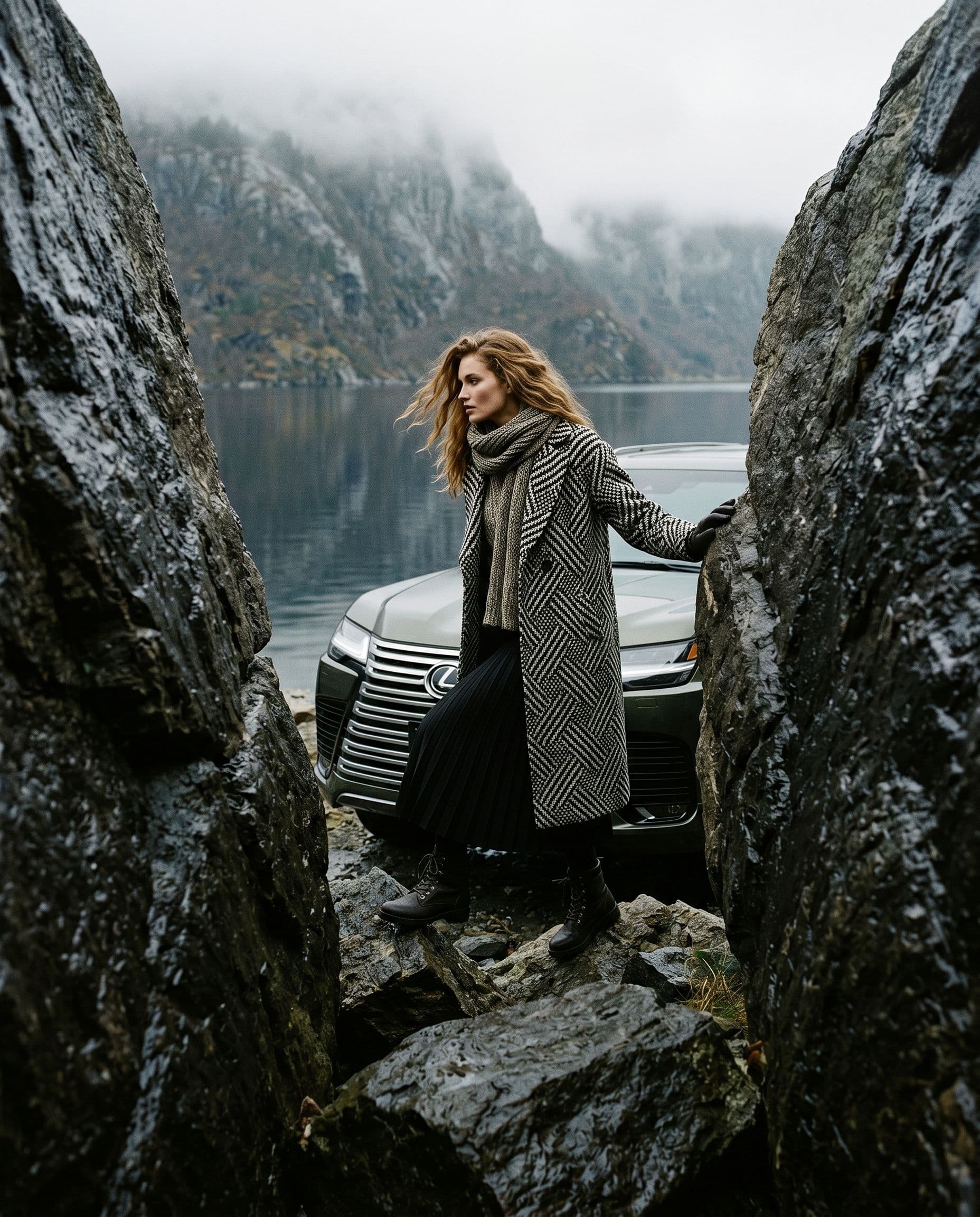A low-angle fashion editorial photograph looking through a narrow gap between two massive dark wet boulders on a Norwegian fjord shoreline, creating a natural stone frame. In the midground, a strikingly beautiful female model steps carefully between the rocks, one gloved hand touching the slick surface for balance. She wears a long black and white geometric-patterned wool coat, a heavy knit scarf, a pleated skirt, and dark laced boots; her wild golden brown hair moves in the damp wind, revealing a refined, high-fashion face in three-quarter profile. Positioned very close behind her between the rocks, a Lexus LX 600 in Nori Green Pearl is clearly visible, tightly integrated into the scene as part of the composition. Dark mirror-still fjord water and fog-covered cliffs sit beyond. Cold diffused lighting, heavy grain, matte finish, 4:5.