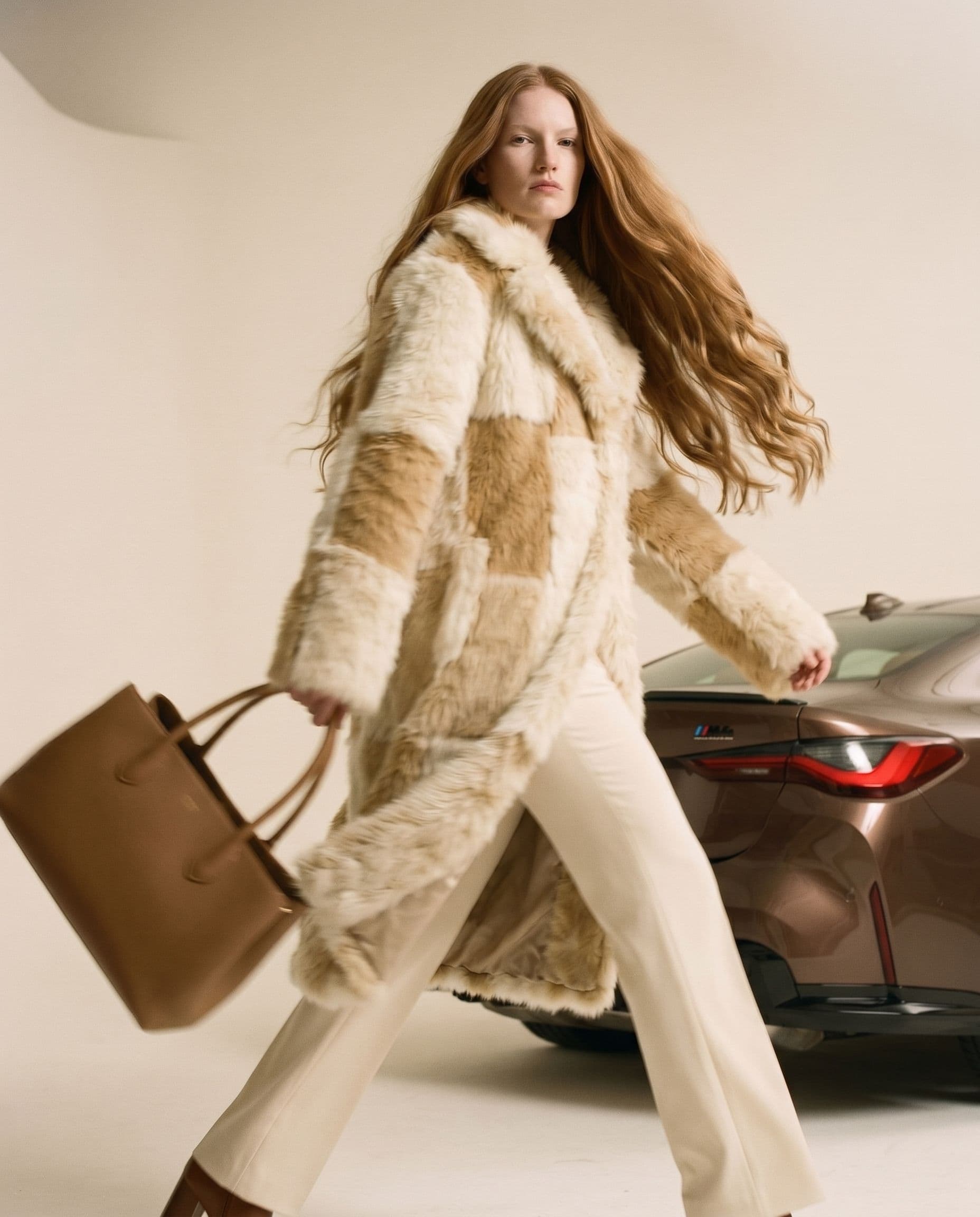 Editorial fashion photograph, keep the provided model and outfit exactly unchanged, long voluminous hair flowing behind in motion, bare minimal makeup, serious expression, no smile, captured from low angle looking up in slow powerful stride, body in subtle directional motion blur with fabric sweeping dramatically, brown BMW M4 2025 parked in the background slightly out of focus, warm off-white seamless studio background, soft even front lighting, muted warm desaturated palette restricted to cream ivory tan and brown tones only, slight analog film grain, matte finish, documentary fashion photography aesthetic, shot on expired Kodak Portra 400, full body low angle composition, 4:5 aspect ratio