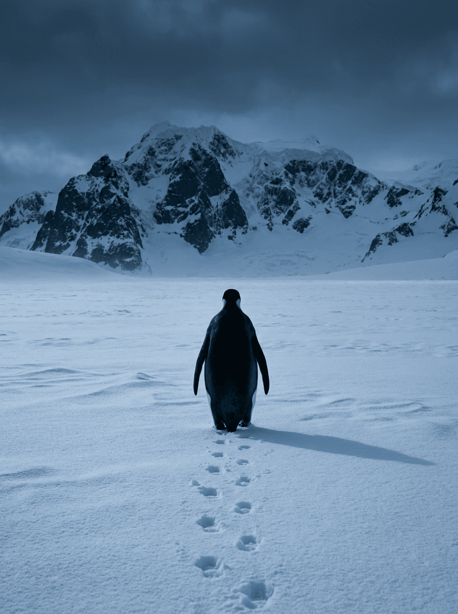A photorealistic, cinematic, high-resolution portrait-oriented photograph captures an immense, desolate, snow-covered polar landscape under an imposing sky. In the background, a colossal, jagged snow-capped mountain range dominates the upper frame, showcasing dark, rugged rock faces interspersed with thick, icy snow. The sky above is a heavy, tempestuous, deep blue-grey overcast, suggesting pre-dawn or profound twilight. The foreground consists of an expansive, flat plain of deeply textured, pristine white snow, sculpted by subtle drifts and undulations. The lighting is extremely low-key and ambient, imbued with a strong, cool, desaturated blue tint. The diffused light source, likely obscured by the thick clouds, illuminates the scene from above and slightly behind the viewer, casting the central subject into a dramatic silhouette and creating a mood of profound solitude, epic vastness, mystery, coldness, and subtle somberness. The central **subject is a lone penguin**, depicted with its distinctive, upright, and somewhat pear-shaped body. **Its overall body build is stocky and compact**, perfectly adapted for its harsh environment, presenting a notable width at the lower body that tapers gracefully towards a narrower head and neck. The **penguin's form is almost entirely a deep, dark silhouette** against the slightly brighter snow, rendering specific feather details indistinguishable but powerfully emphasizing its characteristic outline. There is a very subtle, almost imperceptible hint of a dark bluish-grey on its back where the ambient light faintly catches its surface, suggesting the deep tones of its natural plumage. Its flippers are positioned naturally at its sides, blending seamlessly into the silhouette, while its head is held forward, proportional to its body, conveying a sense of determined movement. The **penguin is captured mid-stride, walking directly away from the viewer**, its body oriented precisely 180 degrees from the camera, conveying a journey into the vastness. It leaves behind a clear trail of **fresh footprints in the snow**, each impression visible as a small, slightly darker oval indentation. These footprints recede in a straight line towards the subject, creating a strong sense of depth and a narrative of passage. A prominent, elongated shadow extends from the penguin to its front-right on the snow, precisely indicating the subtle, low-angle light source. The camera angle is low, looking slightly up at the penguin, which emphasizes its journey and the monumental scale of the landscape. The **penguin is positioned centrally on the horizontal axis**, occupying the lower third of the frame, with the footprints filling the very bottom. The image features a **portrait orientation, approximately 3:4**, enhancing the sense of height and vertical immensity. The depth of field is moderately deep, with both the textured foreground snow and the distant mountains in relatively sharp focus, though the distant features exhibit a slight atmospheric haze, enhancing the perception of distance. The sharpest focus is on the penguin and its immediate snow-covered surroundings.