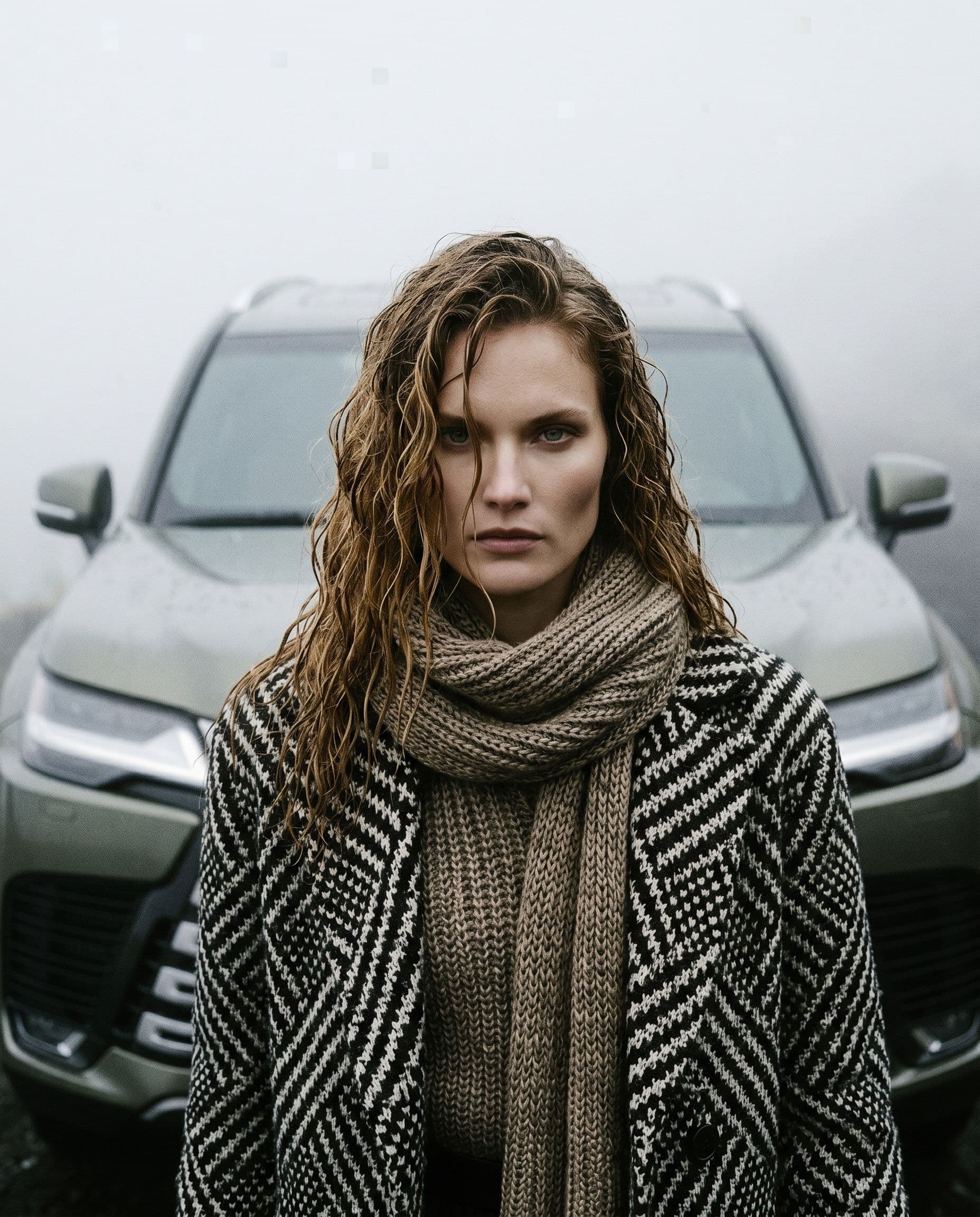 A tight chest-up editorial shot of the referenced world-class high-fashion female model walking toward camera out of dense fog. Her golden brown hair is damp and textured, framing a flawless editorial face with high cheekbones, smooth luminous skin, and intense eye contact. Immediately behind her, emerging clearly through the fog at close range, a Lexus LX 600 in Nori Green Pearl is visible behind her with "no license plate/cover at all". Cold diffused lighting, heavy grain, matte, 4:5.
