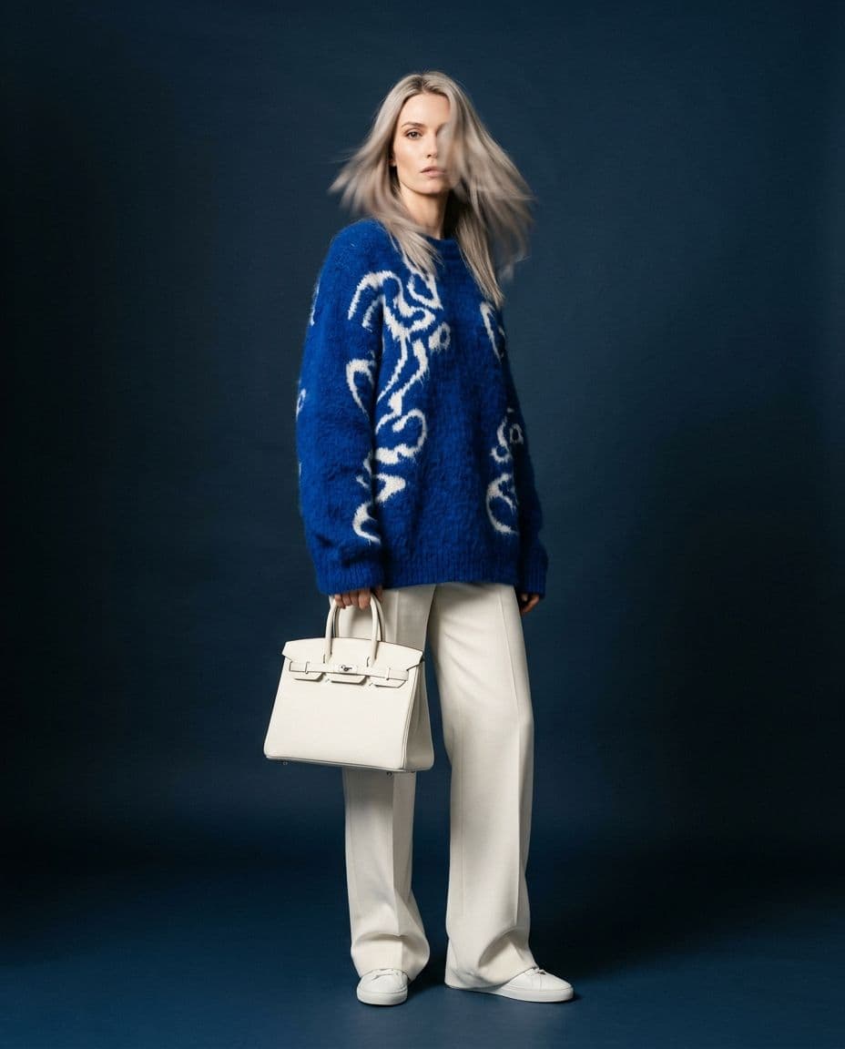A straight-on, eye-level fashion editorial studio portrait features a Western woman in her mid-20s with a tall, lean build, sharp
cheekbones, and ash-blonde hair that crosses her face in soft motion blur as she gazes forward with a calm yet intense
expression. She wears an oversized fuzzy royal-blue sweater with abstract white patterns crafted from heavy textured fibers,
paired with structured off-white wide-legged trousers tailored from solid, opaque fabric, and minimalist white sneakers. In her
hand, she holds a structured white luxury handbag shown with precision sharpness and serving as a visual focal point amidst the
selective blur affecting the hair and facial edges due to her slight head movement. The studio setting is stage-lit in soft diffused
light with a subtle directional bias, creating clean gradient shadows and highlight blooms on the motion-blurred elements while
the background features a gradated deep navy blue wash and a barely visible matte surface. The image composition utilizes a
50mm lens and shallow depth of field, creating a modern luxury campaign look that is highly polished and editorial, full of high-
end cinematic contrast and controlled chaos. The atmosphere is editorial, refined, and vibrantly chic, suggestive of professional
campaign imagery crafted for a magazine cover.