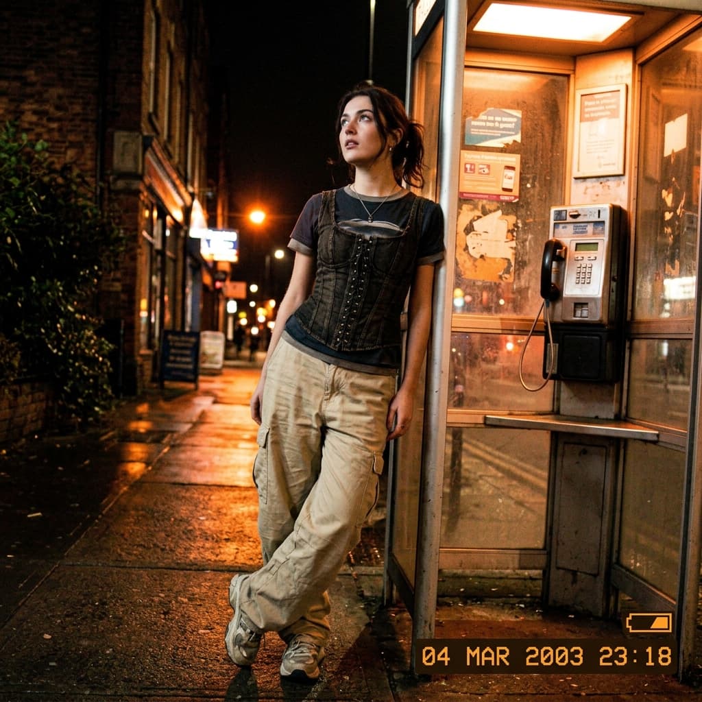 The flash pops hard against the dim streetlight, casting the woman in her vintage corset top and baggy cargo pants into a stark silhouette beside the beep of the old payphone booth. The tungsten glow bleeds orange along the cracked pavement, while faint blocky JPEG artifacts crunch the dark edges of her form. Her eyes glance just above the lens, caught mid-thought as the timestamp flickers in the corner—"04 MAR 2003  23:18"—adding to the lost-movie feel. The image has a slightly blurry and low-resolution quality, resembling a video still or casual recording, with grainy speckles dotting shadow patches and soft fading around the crooked tilt of the frame. Battery icon blinks weakly near the date, as if the night itself is winding down—early-2000s digicam snapshot, grainy low-res quality