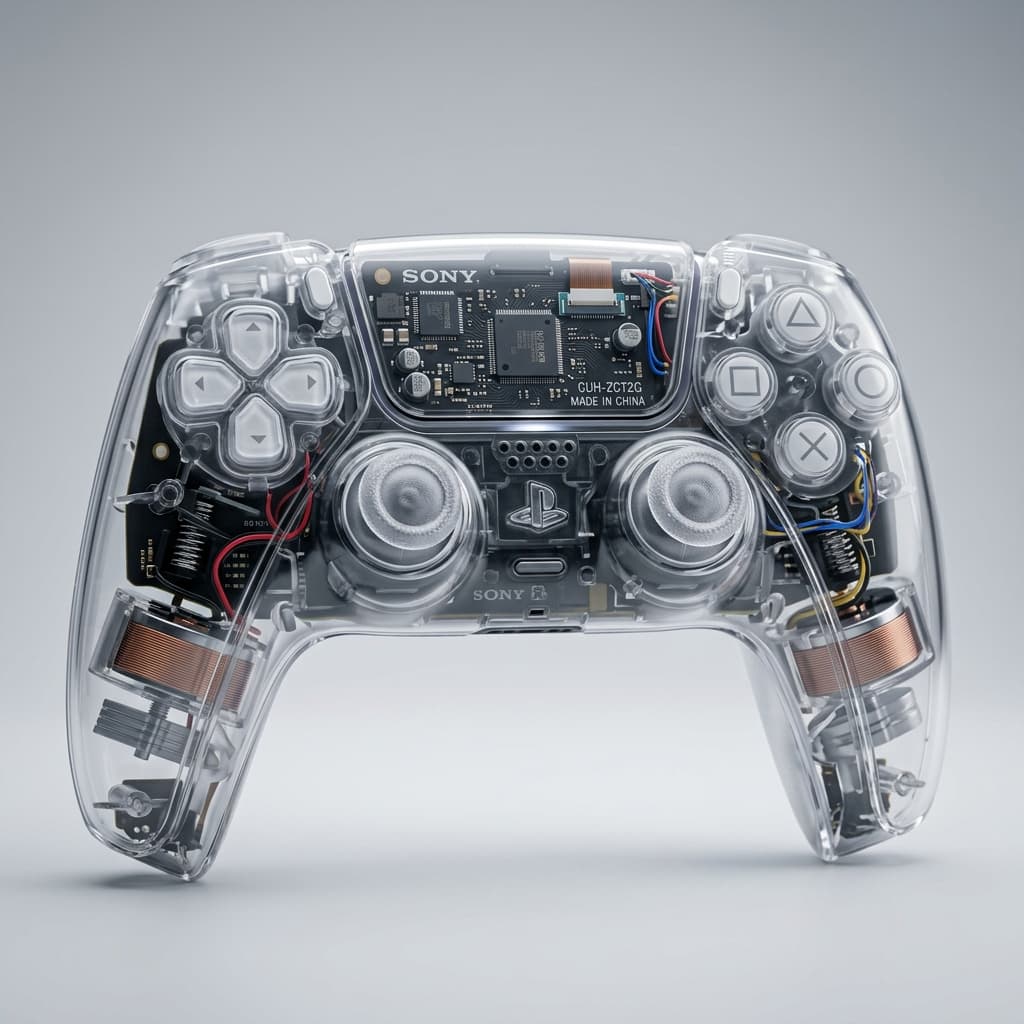 Ultra-realistic studio product photo of a fully transparent PlayStation 5 controller (DualSense style). The entire shell is crystal clear transparent plastic, revealing the internal electronics, circuit boards, wires, motors, and internal components. Transparent joysticks, visible springs, buttons, triggers, and internal mechanisms. Highly detailed PCB boards and microchips visible inside the controller. Clean futuristic aesthetic.
Soft studio lighting reflecting through the transparent materials, subtle reflections on the plastic surface. The controller is centered, photographed from a slightly angled front perspective to showcase both joysticks and the internal structure.
Neutral minimal background (light gray studio backdrop), sharp focus, extreme detail, product photography style, 8K resolution, realistic materials, cinematic lighting.