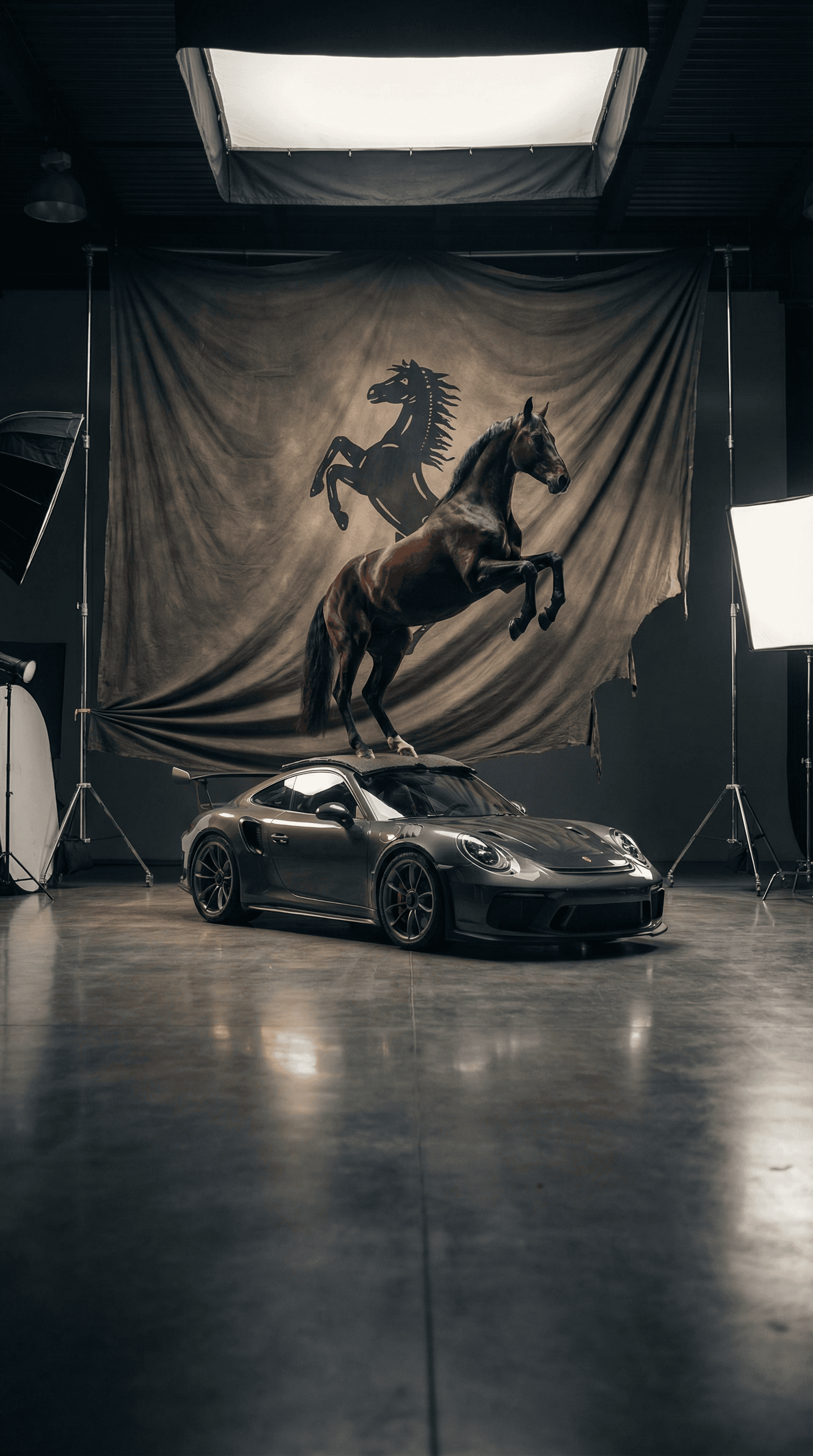 **Type:** Photorealistic Studio Commercial Scene  
**Subject:** Live horse on Porsche 911 GT3 RS, forming Porsche logo silhouette  

**Scene & Layout:**
- Indoor professional photography studio with controlled environment
- Porsche 911 GT3 RS positioned center frame
- Live horse balanced on roof:
  - Hind legs firmly on roof
  - Front legs raised, forming the iconic Porsche horse silhouette
- Large tattered fabric suspended behind the car, oversized to encompass horse entirely, backdrop acting as canvas
- Camera angle: frontal/3⁄4 side, slightly low to emphasize verticality and drama

**Objects & Environment:**
- Porsche with glossy paint, visible emblem and headlights
- Horse anatomically correct: muscles, dynamic pose, flowing mane and tail
- Fabric: oversized, slightly torn and ruffled, natural folds and movement
- Studio floor reflective, subtle shadows under horse and car
- Soft studio elements visible (light stands, softboxes, reflectors)

**Lighting:**
- Key light from above/side to accentuate horse muscles and fabric texture
- Fill light for even illumination without washing out details
- Rim/backlight to separate horse from dark or neutral background
- Subtle reflections on car surface and floor

**Camera & Optics:**
- 50–85mm lens, f/2.8–4 for shallow depth of field
- Focus on horse and fabric center, background slightly softened

**Visual Quality Constraints:**
- Physically plausible pose: horse stably balanced on car roof
- Ultra-realistic textures: horse fur, car paint, fabric folds
- Cinematic, high-end commercial photoshoot feel
- Horse perfectly centered on fabric, forming live Porsche logo silhouette