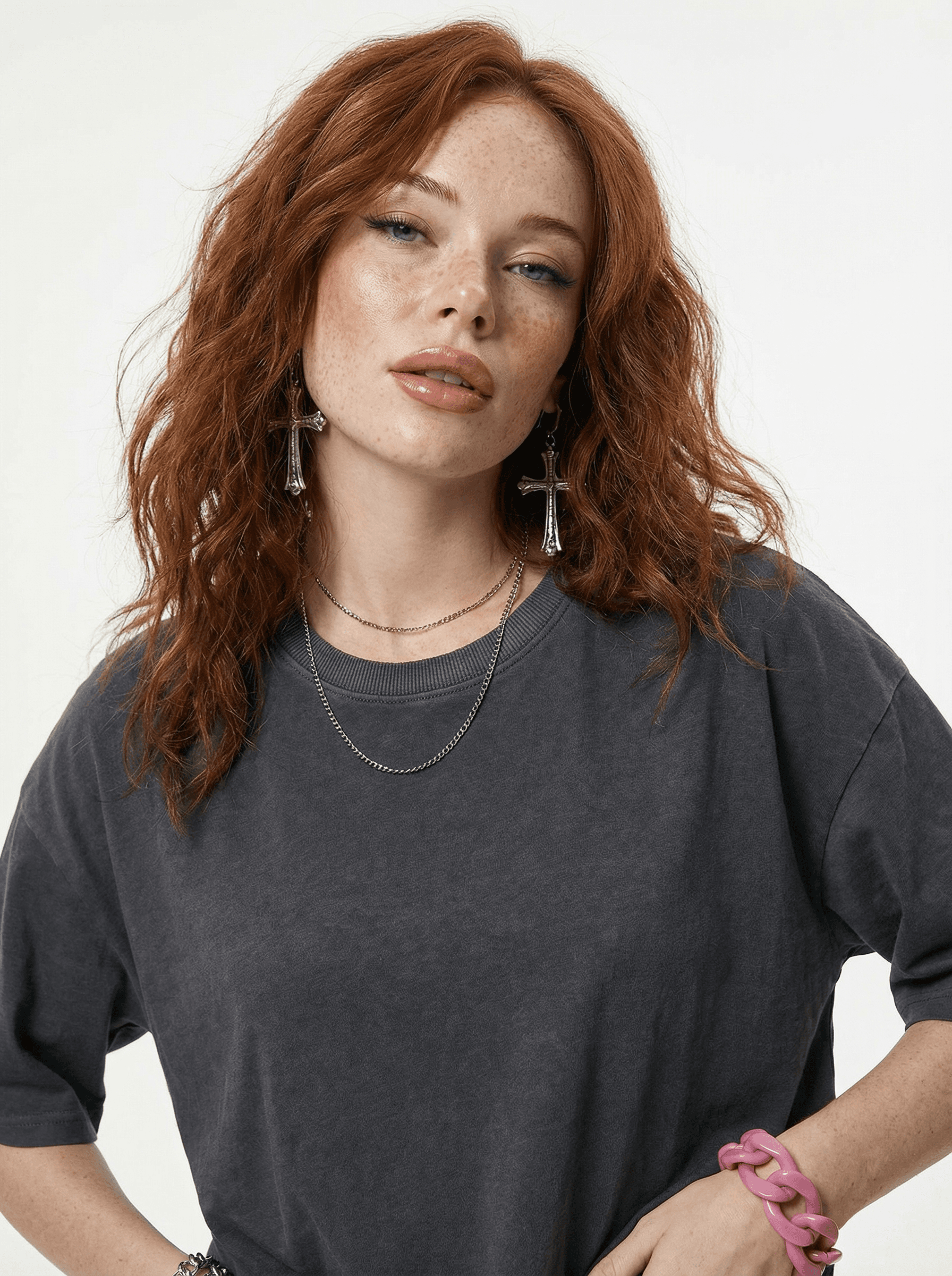 Generate a highly photorealistic studio portrait using the provided reference image of the model as the identity source. The generated subject must strictly preserve the exact facial identity, bone structure, skin tone, and natural proportions of the reference model without any alteration.

Scene and location:
Minimalistic studio setting with a clean white background.
Soft neutral studio lighting.
No background objects or textures.
Professional beauty portrait atmosphere.

Pose and camera angle:
The model is standing in a three-quarter profile pose.
Her body is slightly turned to the side.
Her head is turned gently toward the camera.
Posture elegant, calm, and confident.
Camera at eye level.
Medium close-up framing focusing on face, neck, and shoulders.
Pose and angle must match the reference image exactly.

Clothing:
Same as reference image.

Hair:
Same as reference image.

Face and makeup:
Ultra realistic facial rendering.
Soft visible natural pores on the face.
Natural skin texture without smoothing.
Subtle contour and natural makeup.
Transparent lip gloss on the lips with realistic shine.
Defined eyebrows.
Natural eyelashes.
No exaggerated makeup.

Skin realism:
Visible soft pores on the face.
Natural skin texture on the neck.
Subtle natural imperfections.
No plastic or AI-smoothed effect.
Realistic light interaction with skin.

Lighting and photography style:
Soft diffused studio lighting.
Balanced exposure.
Natural highlights and shadows.
Beauty editorial photography style.

Camera and framing:
Vertical composition.
Medium close-up portrait.
Sharp focus on eyes.
Natural depth of field.

Rendering quality:
Ultra photorealistic.
High detail.
8k quality.
Realistic materials and textures.

Important rules:
Preserve the identity from the reference image exactly.
Do not stylize or cartoonize.
Do not change pose, clothing, or environment.
Maintain realistic human anatomy and proportions.
micro skin pores, realistic lip gloss reflections, subtle camera grain, natural skin light bounce, realistic hair micro strands