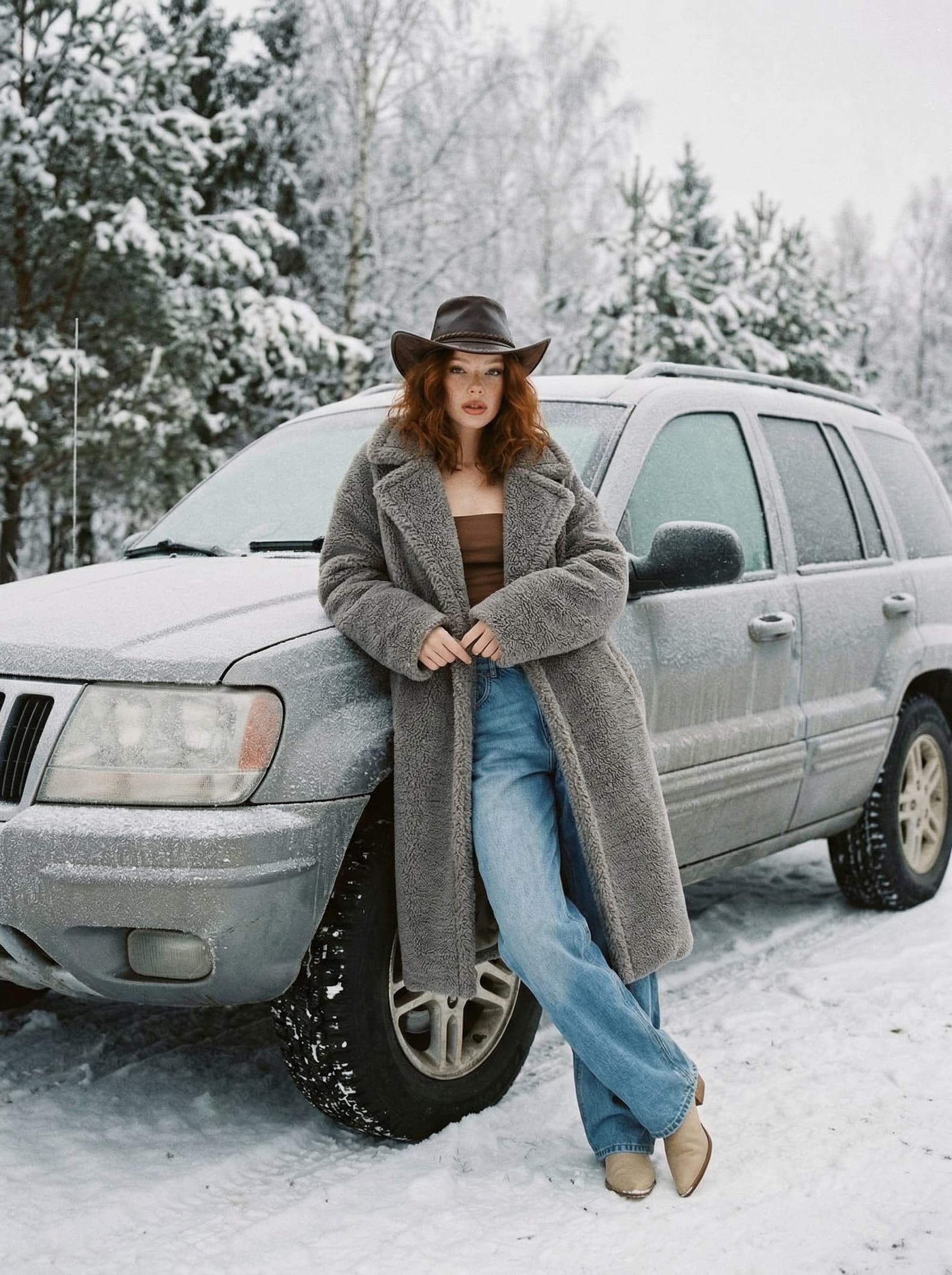A straight-on medium shot captures a young Caucasian woman leaning against a frost-covered SUV in a wintry landscape. She wears a dark brown cowboy hat, a fuzzy, oversized gray coat, a brown bandeau top, loose blue jeans, and beige pointed-toe shoes. Her long light brown hair falls over her shoulders. The SUV is coated in a layer of frost, and the background features trees covered in a dusting of snow. The lighting is natural and diffuse, typical of an overcast winter day, creating subtle shadows and highlights. The color palette combines muted grays, blues, and browns, contributing to a chilly, rustic atmosphere.
HEX VALUES: ["#585656", "#6b6a67", "#434141", "#2d2c2f", "#827f7a", "#15161b", "#969591", "#dedfde", "#b2bbb9", "#c7cccb", "#a6a9a6", "#865e4f", "#b98a74"]

Highly aesthetic Y2K, ultra-dreamy nostalgic early-2000s vibe.