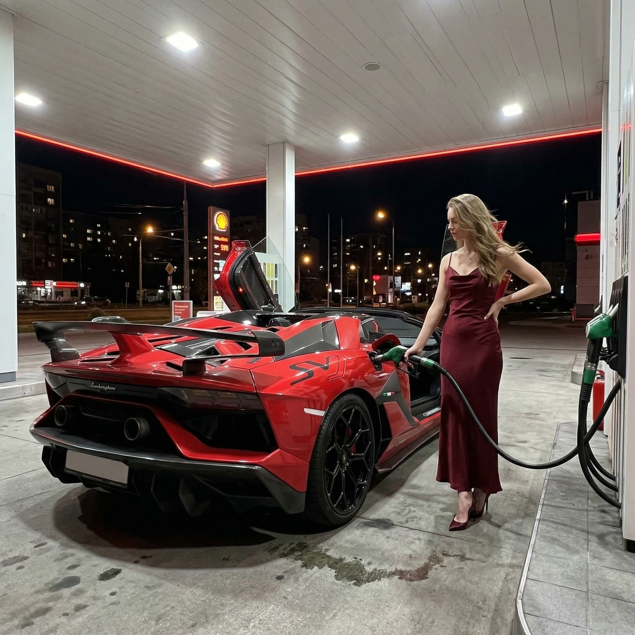 Photorealistic iPhone shot, nighttime gas station scene. Urban gas station under bright white canopy lights with a thin red neon strip running along the ceiling edge. Slight city glow in the distance. Concrete ground with subtle oil stains and texture. A red Lamborghini SVJ Roadster is parked at the pump, rear angled toward camera, aggressive aero, large rear wing clearly visible. Driver door slightly open upward. Fuel nozzle inserted into the side intake. The car's sharp lines reflect harsh overhead lighting. The woman stands beside the car, one hand holding the fuel. pump handle naturally: the other resting lightly on her hip or against the car. She wears an elegant dark red evening dress - sleek, fitted, silhouette, subtle sheen fabric catching the artificial light. minimal jewerly. Hair styled but natural movement. High heels visible. Strong feminine presence against the aggressive supercar.
